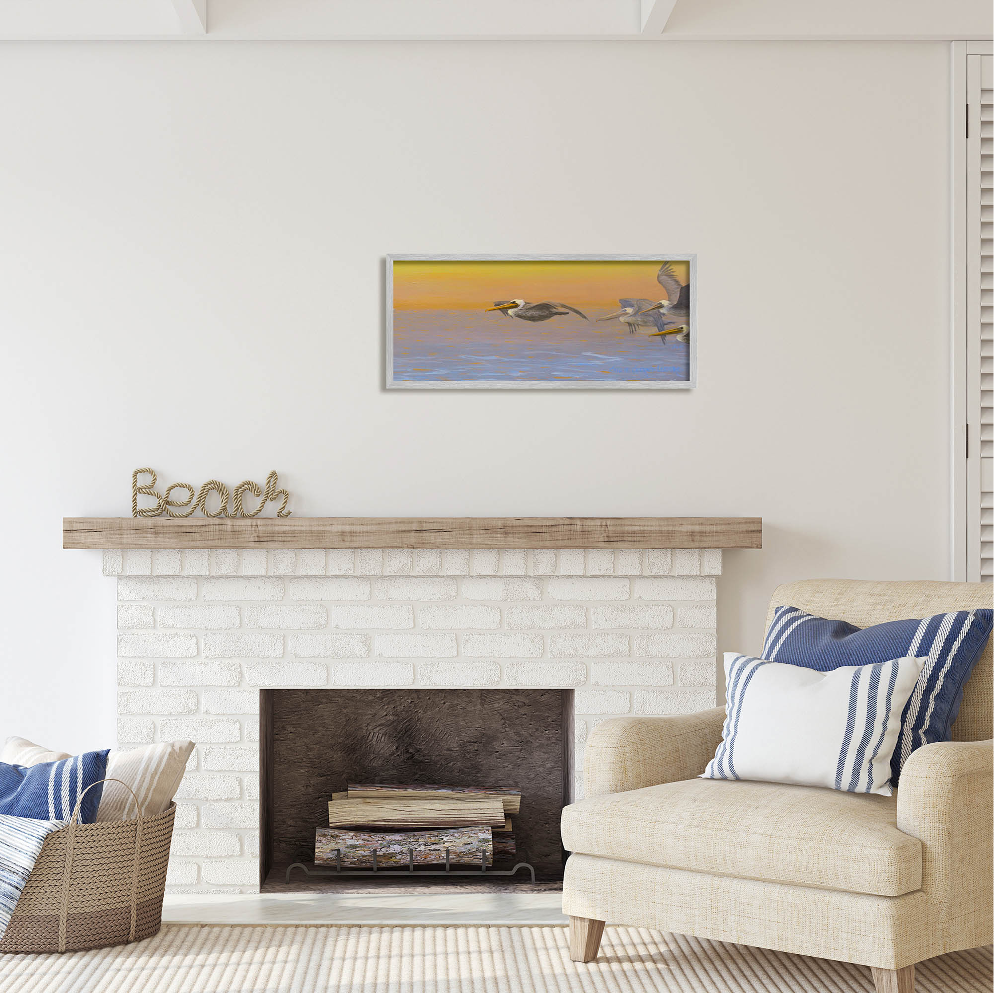 Stupell Industries Pelicans Flying Ocean Sunrise Coastal Painting Gray Framed Art Print Wall Art
