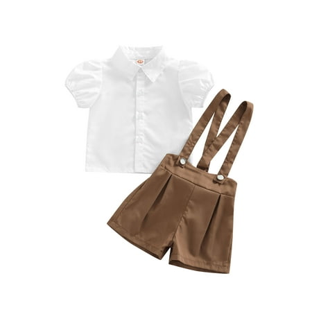 

IZhansean Toddler Baby Girl Summer Clothes Lapel Short Puff Sleeve Button-Down Shirt+ Suspender Shorts Outfits Coffee 4-5 Years