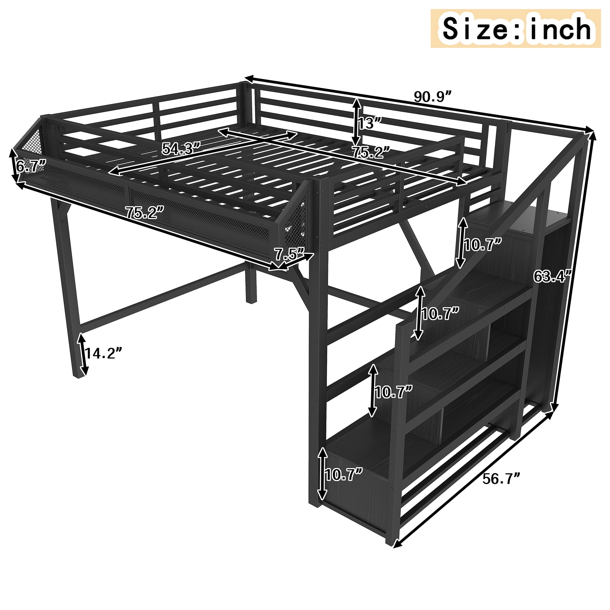 Aukfa Full Metal Loft Bed with Wardrobe, Shelves, USB Ports & LED Lights, Stairs, Space-Saving Bed Frame for Adults & Kids, Black