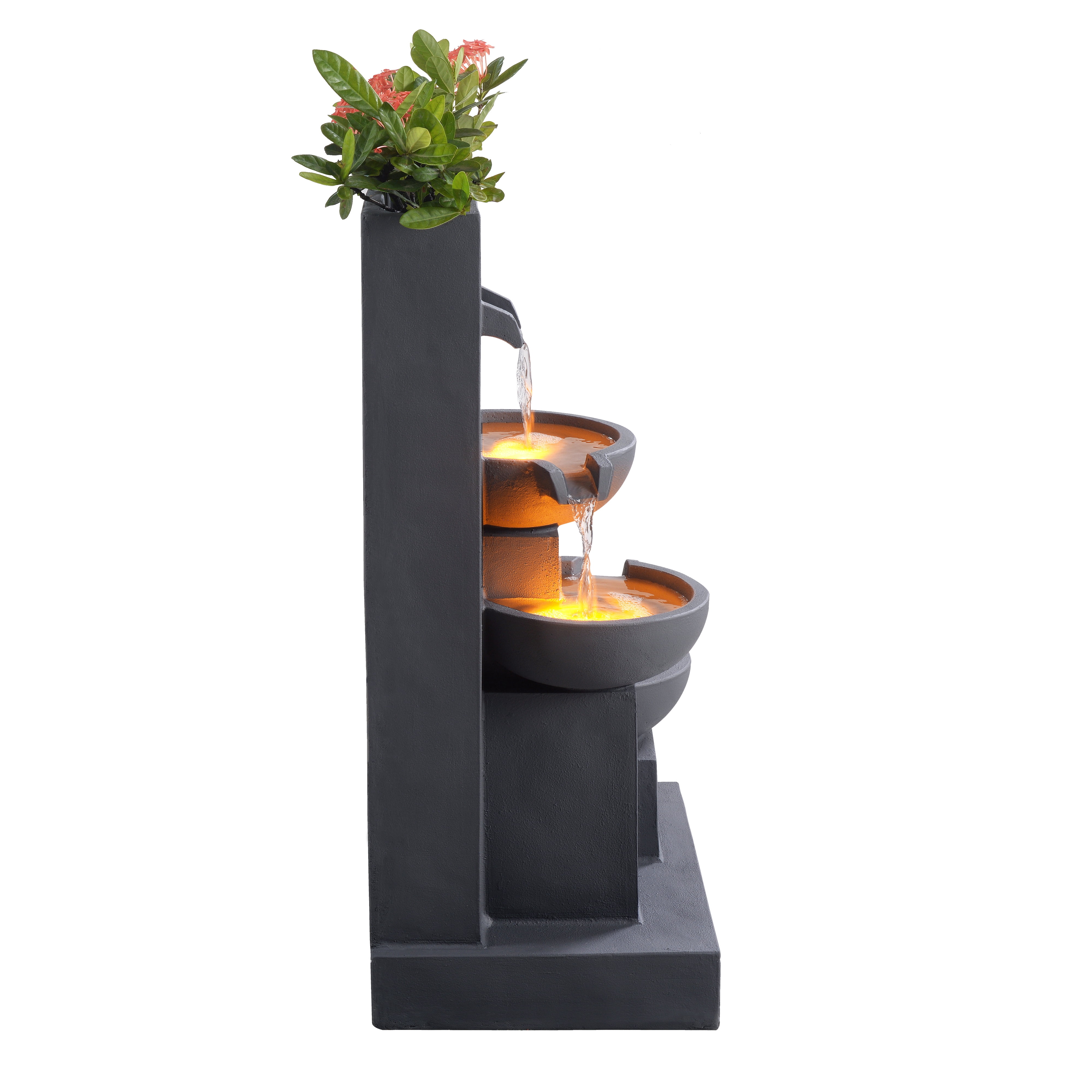 Teamson Home 3-Tier Cascading Outdoor Water Fountain with Planter & LED Lights, Gray