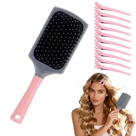 Abaima Paddle Cushion Hair Brush Set with 10 Shaping clips, Hair Brush with Cushion Base for Men and Women, Large Detangling Comb Curly or Straight Styles, Make Hair Health and Massage Scalp