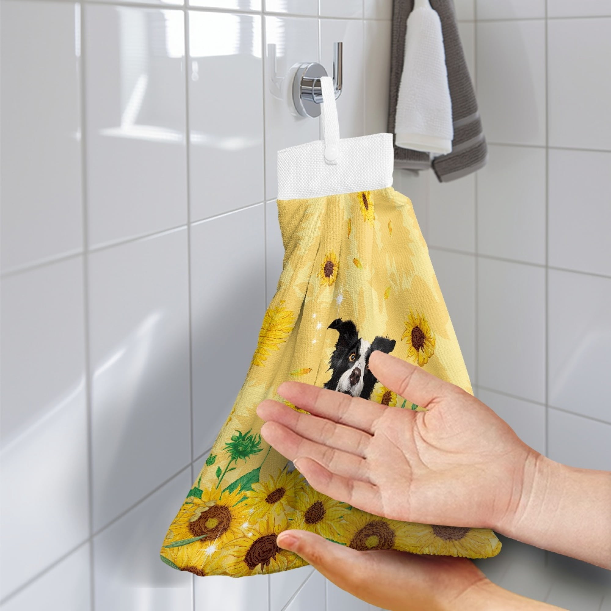 ZIATUBLE Sunflower Hand Drying Towels Border Collie Hanging Kitchen Dish Towel Absorbent Bathroom Hand Bath Towel 3 Pcs Easy to Install Dish Towel Hand Towels Dish Cloth Decor Accessories
