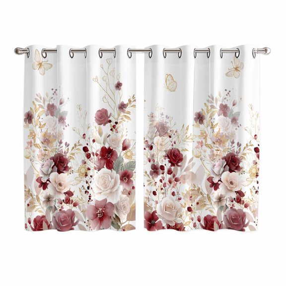 Red Spring Floral Kitchen Curtains Window Panels, Elegant Pastoral Flowers Watercolor Insulated Window Treatment Curtain, Grommet Curtains for Bedroom/Living Room/Bathroom, 2 Piece 52"Wx63"L