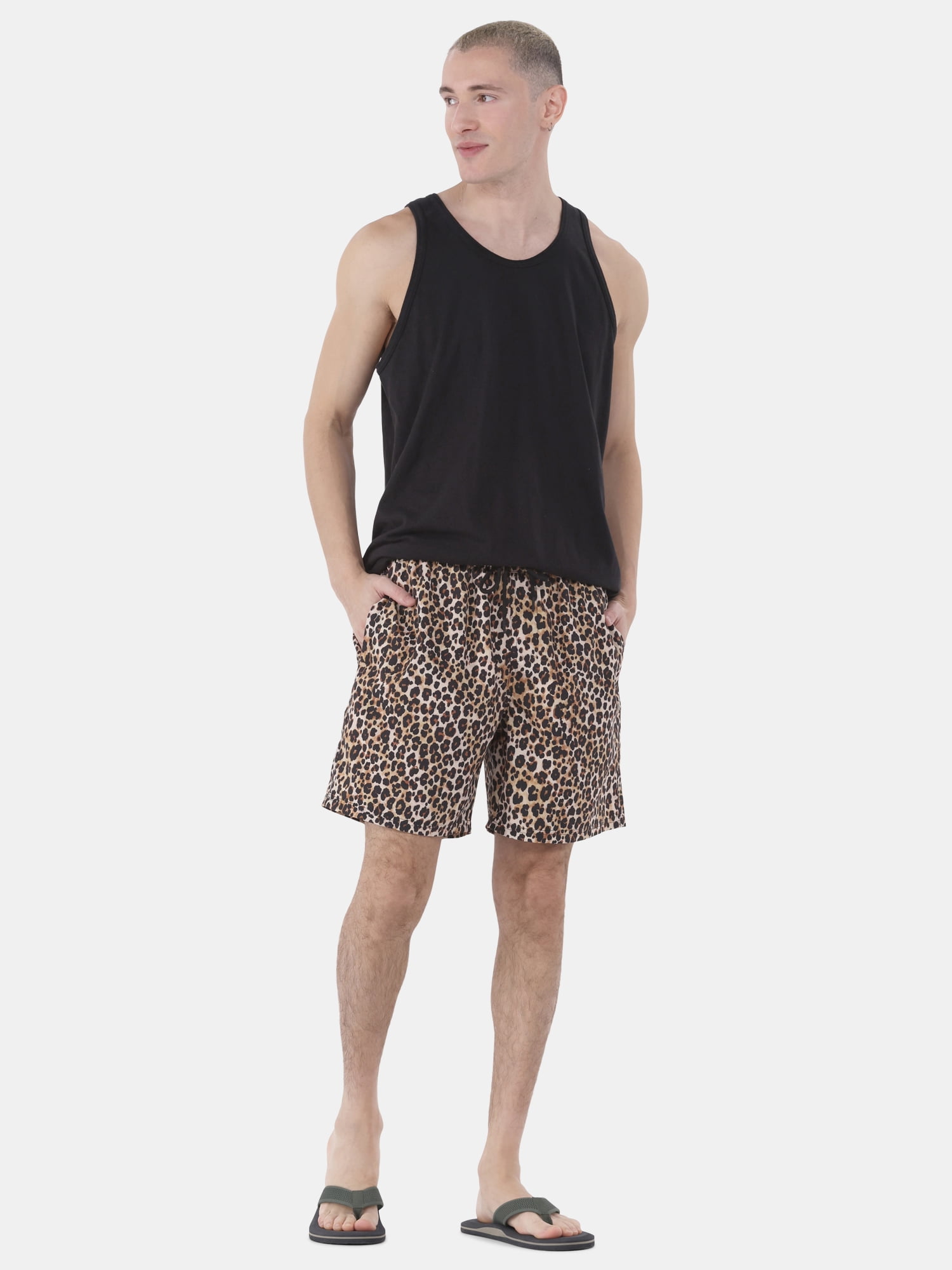 No Boundaries Men's & Big Men's Elastic Waist Cheetah Swim Trunks, 7" Inseam, Sizes S-3XL