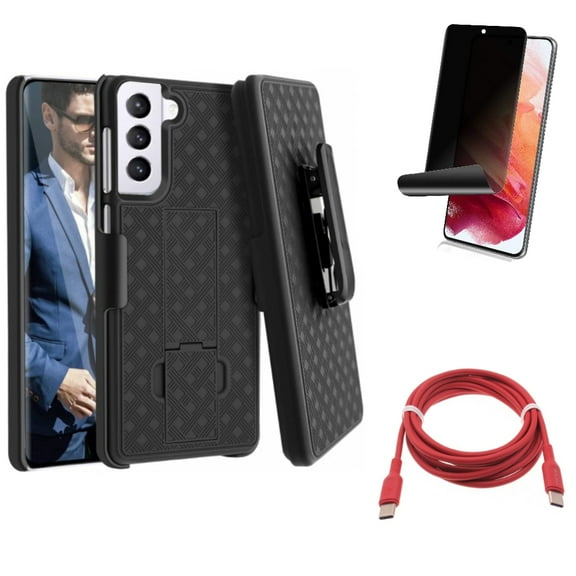 Case Belt Clip w Privacy Screen Protector w Red 6ft Long Cable for Samsung Galaxy S21 Plus - Holster Swivel, TPU Film Fingerprint Works, USB-C to Type-C PD Fast Charger Accessory Bundle