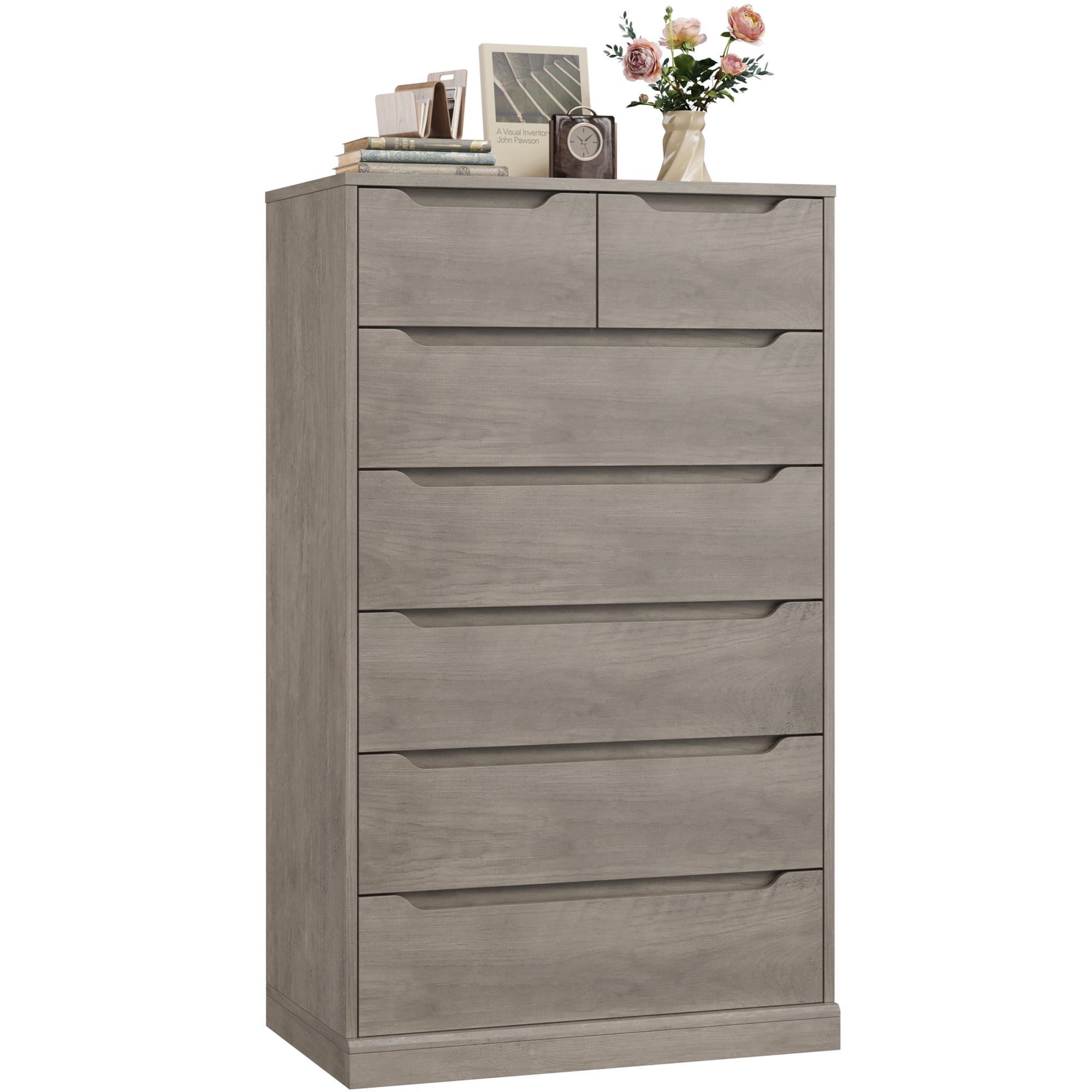 Homfa 7 Drawer Dresser, 51.3"H Wood Storage Cabinet with Upgraded Stable Base, Vertical Chest for Bedroom Living Room, Wash Gray