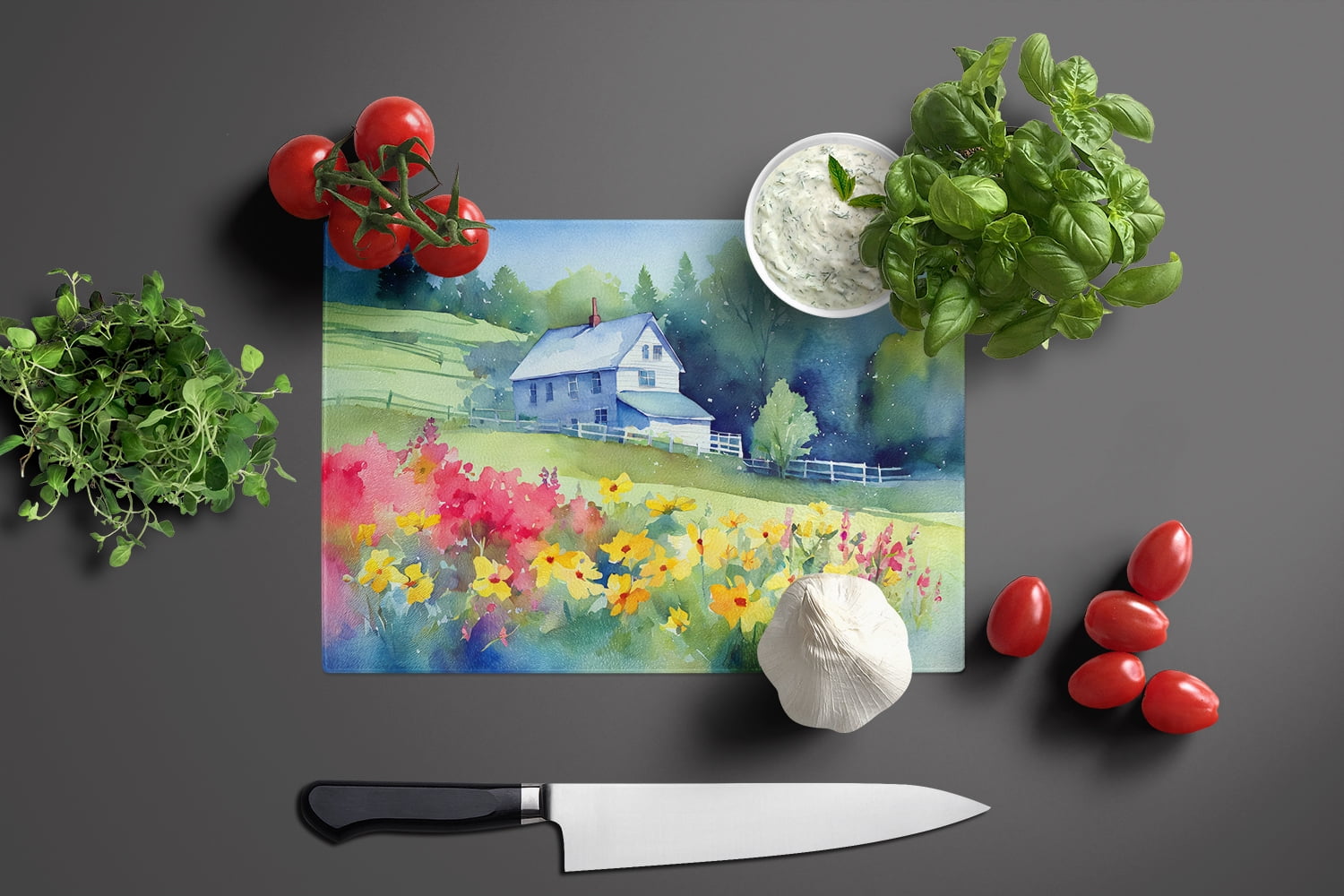 Massachusetts Mayflowers in Watercolor Glass Cutting Board Large 12 in x 15 in