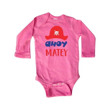 

Inktastic Ahoy Matey Pirate Hat Skull and Bones - Red Blue Gift Baby Boy or Baby Girl Long Sleeve Bodysuit