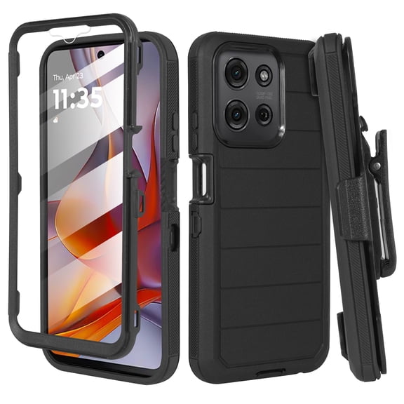 Motorola Moto G 5G 2025 Rugged Case with Screen Protector & Belt Clip, Pro Black