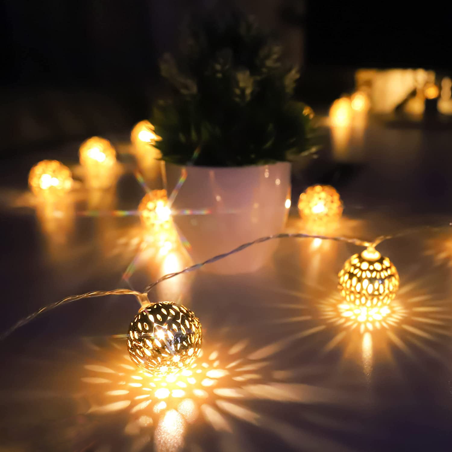 Moroccan String Lights Gold Plug in 20 LED Globe String Lights for Wedding Party, Home Decor, Classroom, Birthday, Christmas, Indoor Outdoor, Metal Orbs, 8 Functions, Timer, Connectable, 10 ft