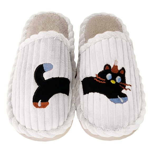 Winter Scuff Slippers for Women Men Funny Matching Cat Embroidery Corduroy Home Shoes Memory Foam Slip on Slides White 7