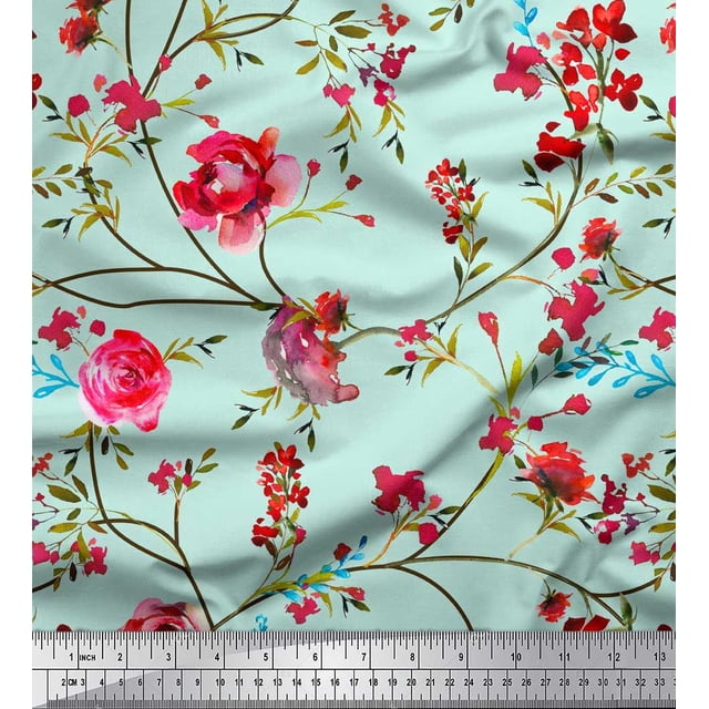 Soimoi Green polyester Crepe Fabric Leaves & Ranunculus Floral Print Fabric by Yard 42 Inch Wide