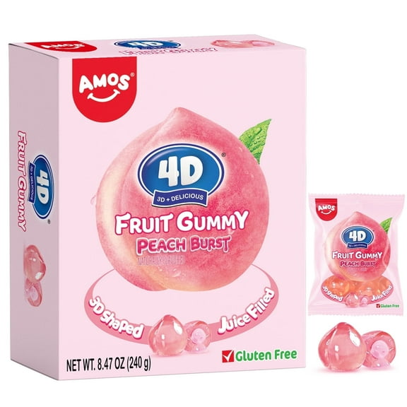 Amos 4D Gummy Peach Burst, Real Juice Filled Fruit Snacks, Gluten Free Snack 8.47oz (1 Pack)