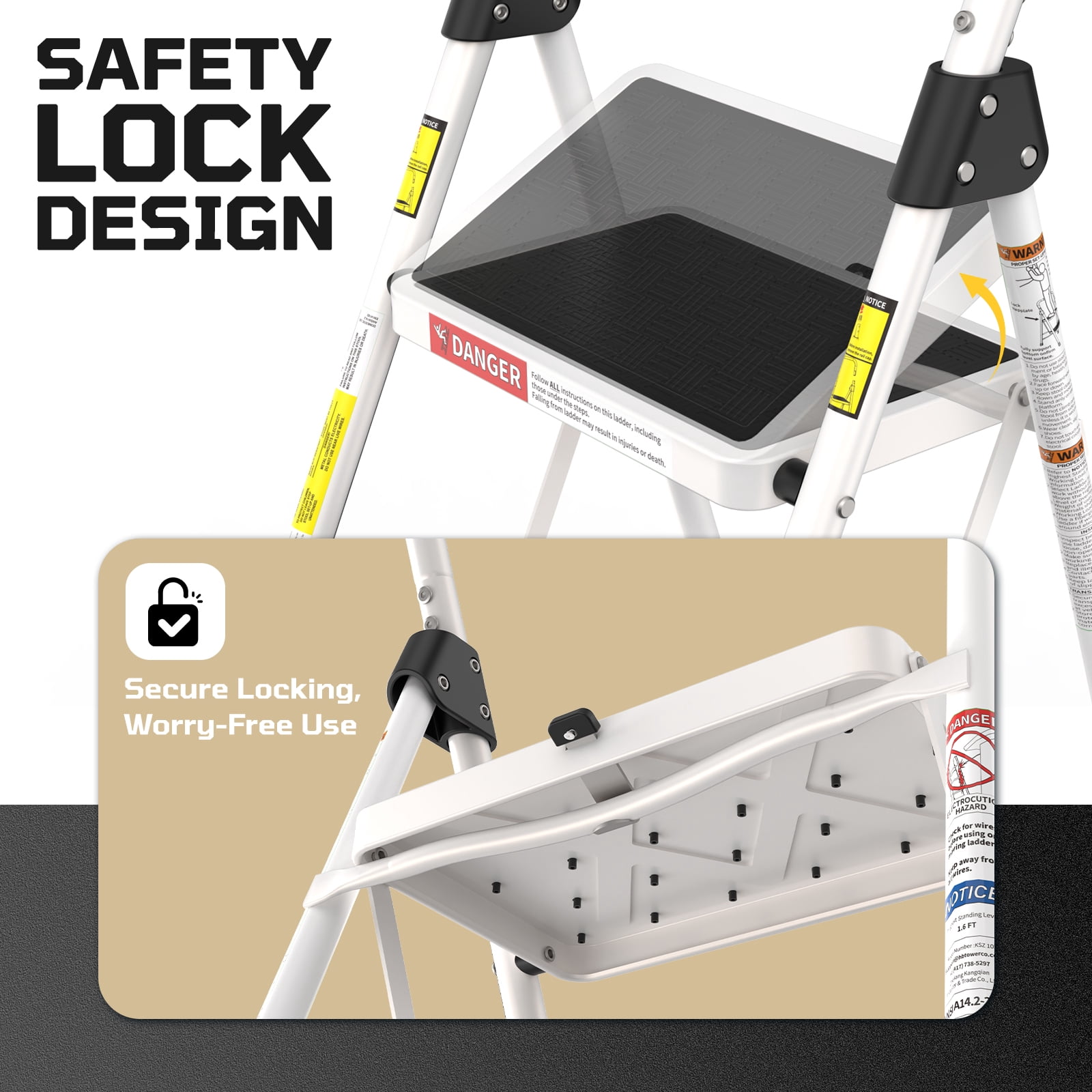 LevLad 3 Step Ladder, Folding Step Stool with Anti-Slip Pedal, Sturdy Steel Ladder, Convenient Handrail, Lightweight, Portable, White