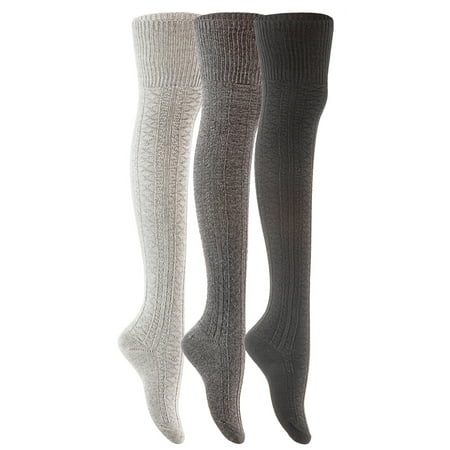 Lian LifeStyle Women's 3 Pairs Fashion Thigh High Cotton Socks JMYP1025 Size 6-9(Black, Dark Grey,