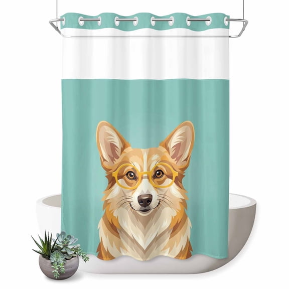 No Hook Shower Curtain, Green Dog Shower Curtains for Bathroom with See Through Top Window, Funny Animals Modern Art Waterproof & Washable Bath Curtain Extra Long 72"x96"