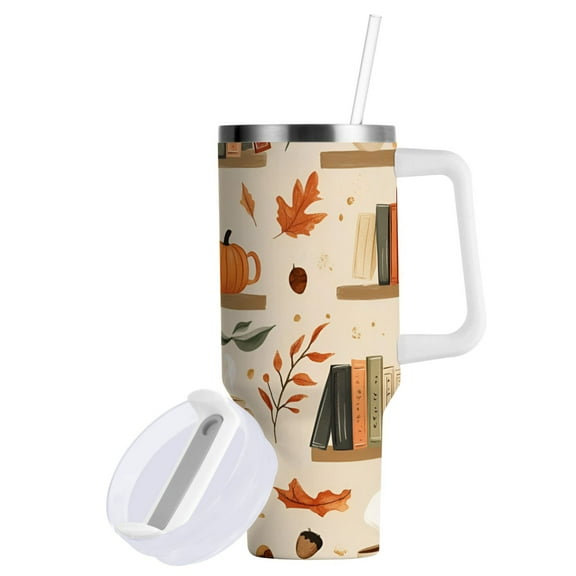 Yayeee 40oz Stainless Steel Tumbler with Straw and Handle Double-Wall Insulated Travel Water Bottle, Fall Book Shelf