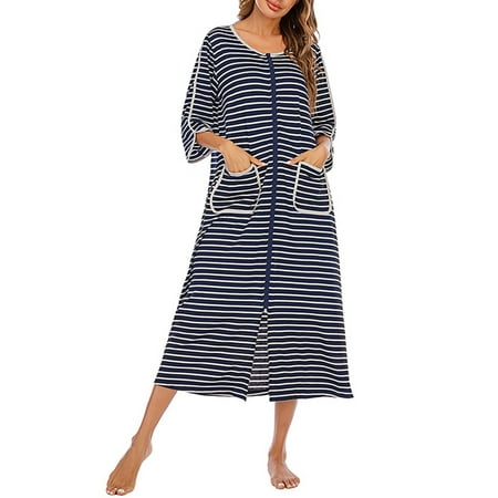 

Fanvereka Women Summer Nightdress Large Size Stripes O-Neck Three-Quarter Length Sleeves Zipper Open Sleeping Skirt for Girls