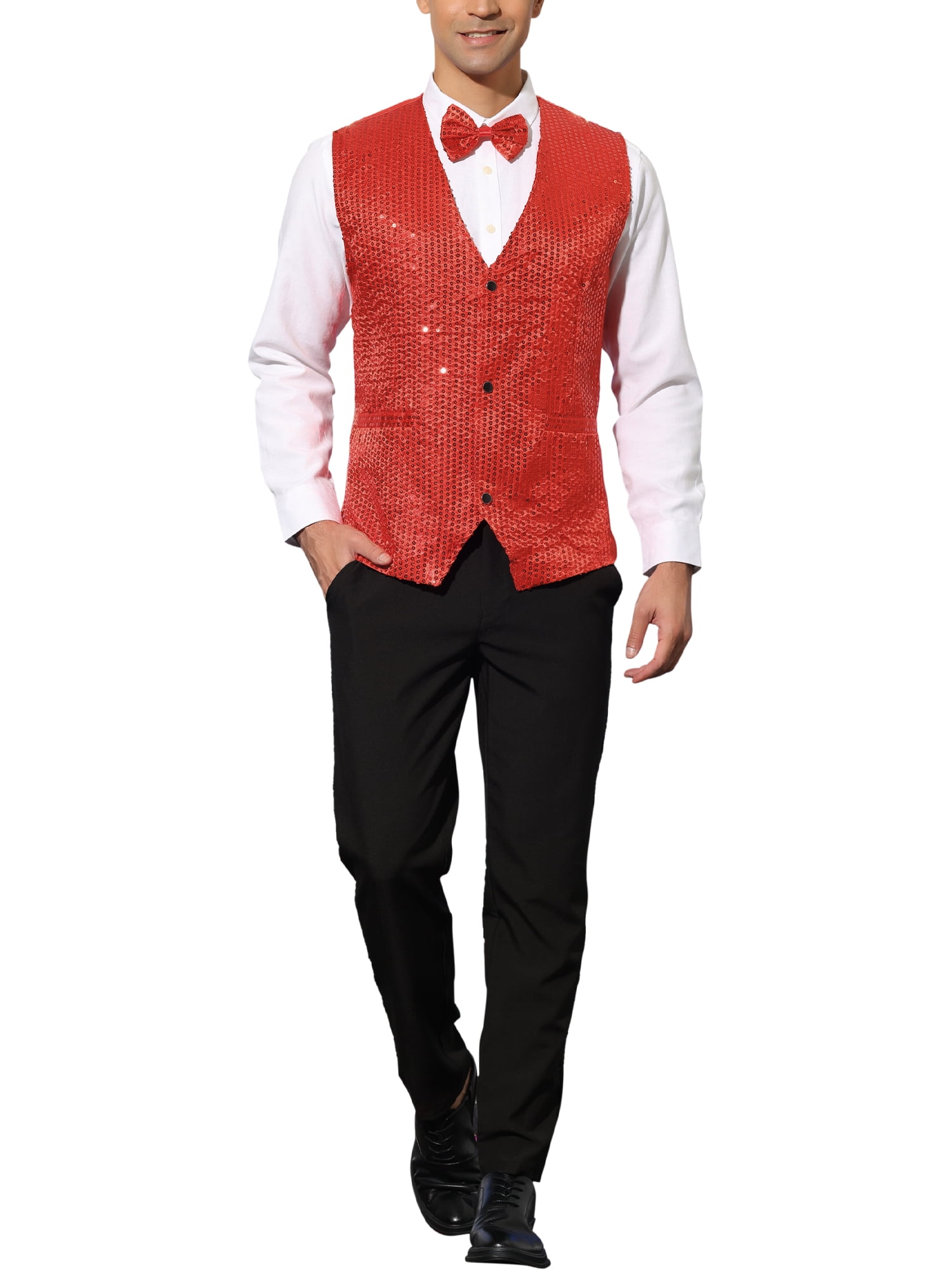 Unique Bargains Men's Sequin Waistcoat Sleeveless Dress Suit Vest with Bow Tie S Red