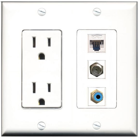 RiteAV - 15 Amp Power Outlet 1 Port RCA Blue 1 Port Coax 1 Port Cat5e Ethernet White Decorative Wall Plate