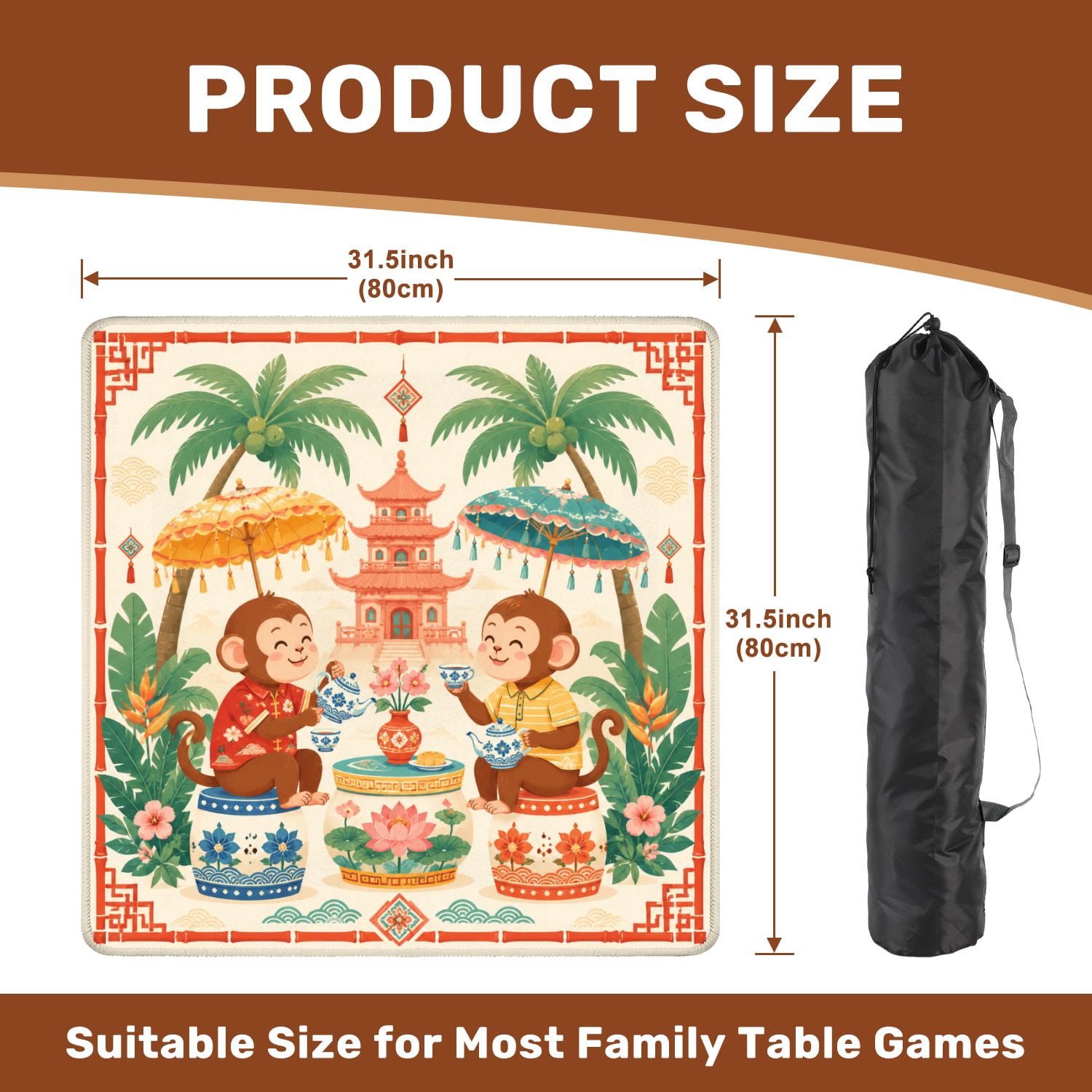 Mahjong Mat 31.5" x 31.5" Whimsical Monkeys Tea Party Oriental Garden Pink Pagoda Palm Trees Non-Slip Noise Reduction Chic Portable Gaming Table Cover for Family Game Night & Gift