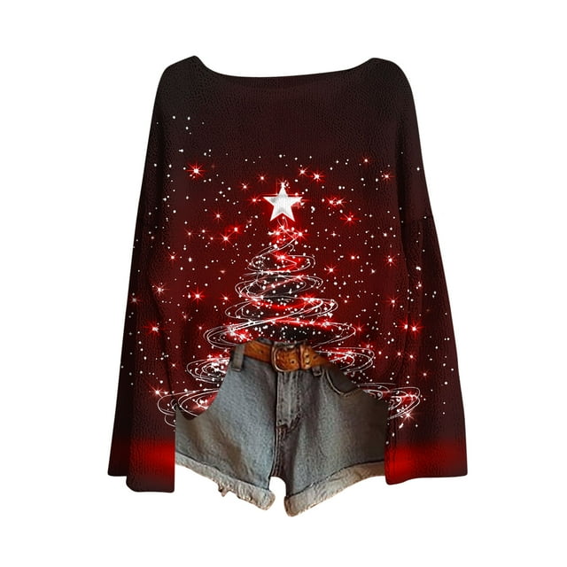 Blusas y camisas de manga larga con cuello redondo Camisa para niños Camisa de manga larga con estampado navideño Cuello redondo Top corto holgado de moda Top de poliéster para niña