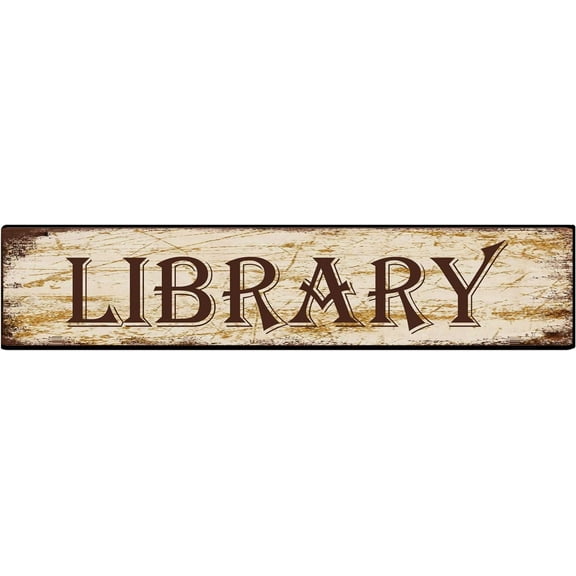 Library Sign Metal Plaque Rustic Tin Sign Retro Wall Decor 4x16 in
