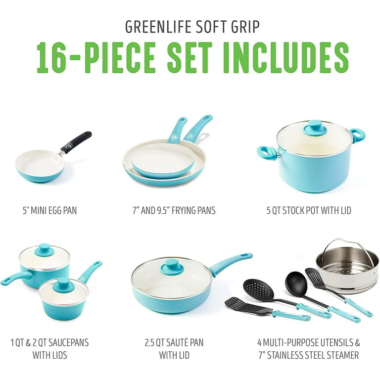 GreenLife Soft Grip 16pc Cookware Sets, Caribbean Blue, Healthy Ceramic  Nonstick Cookware