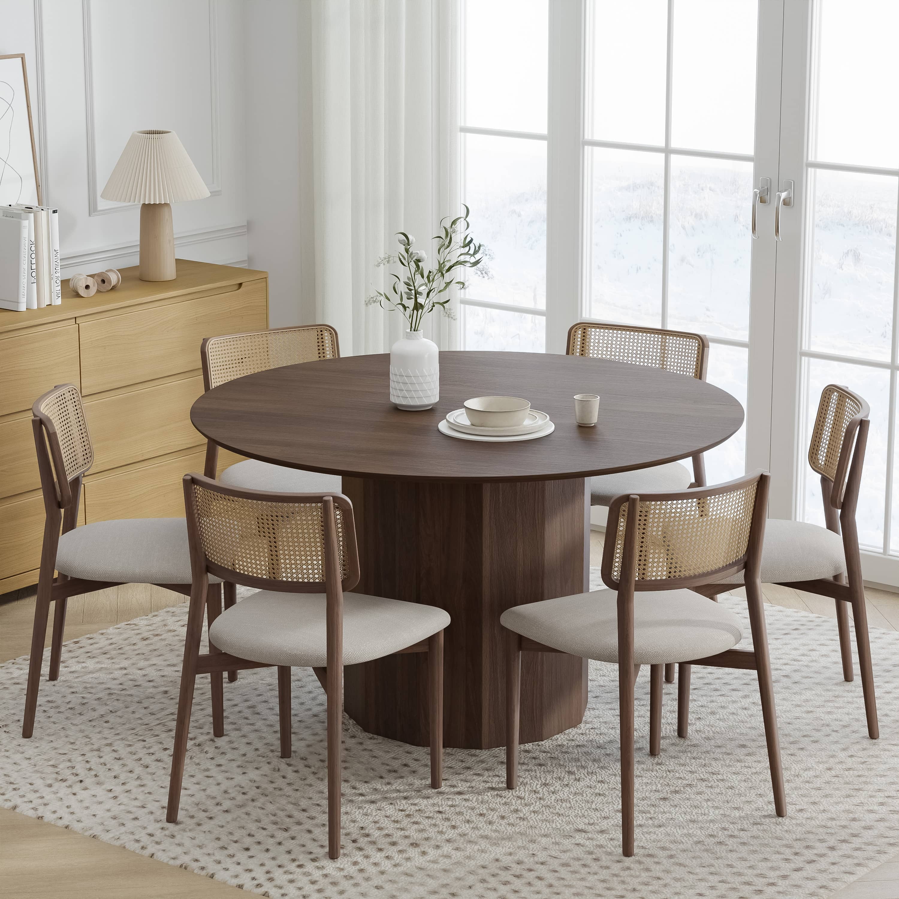MAYEERTY 52" Mid-Century Wooden Round Dining Table for Dining Room Kitchen, Walnut