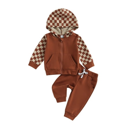 

Bagilaanoe 2PCS Toddler Baby Boy Long Pants Set Checkerboard Long Sleeve Hooded Sweatshirt Tops + Sweatpants 6M 12M 18M 24M 3T Kids Casual Sweatsuits