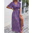 thumbnail image 7 of Purple Floral Wrap Maxi Dress With V-Neck Short Sleeves Belted Waist Flared Hem, 7 of 7