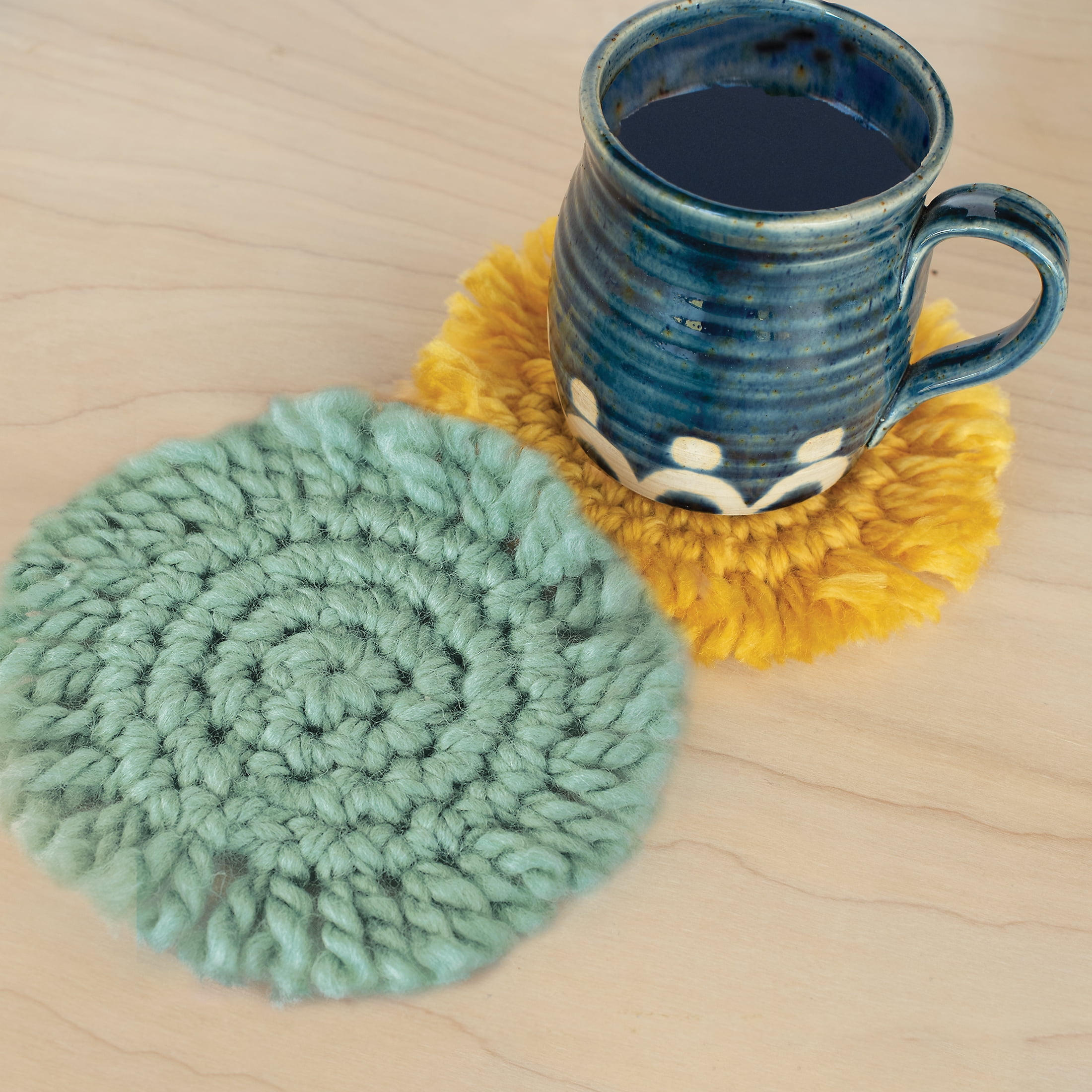 Hillfolk Crochet Coaster Kit- Includes Crochet Hook, Yarn, Plastic Yarn Needle And Instructions. Makes Two Coasters.
