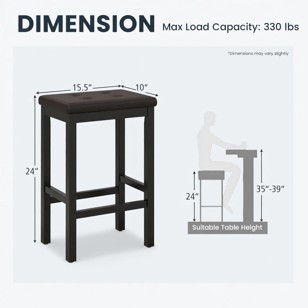 Yardi Yard 24 Inch Bar Stools Set of 2, Bar Stools with Padded Seat Footrest and Rubber Wood Frame, Brown