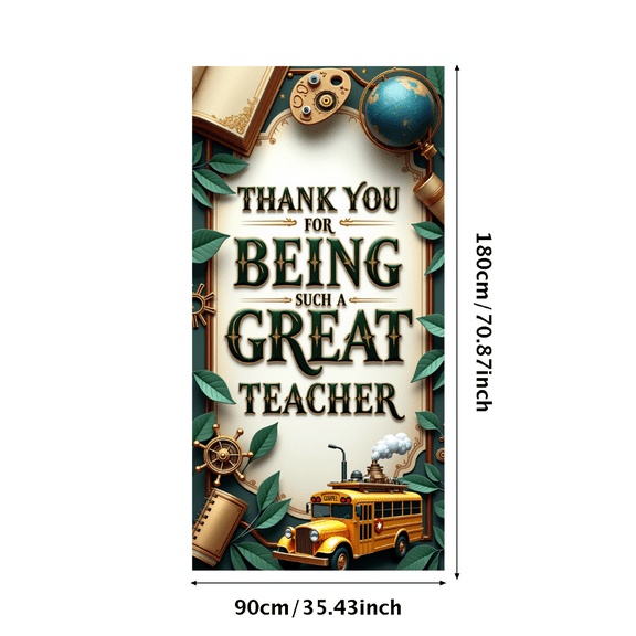 Colorful Thank You Teacher Banner with Books Balloons Globe and School Bus Background Backdrop for Teacher Appreciation Party Classroom Decorations Photography Props End of School Year Celebrations