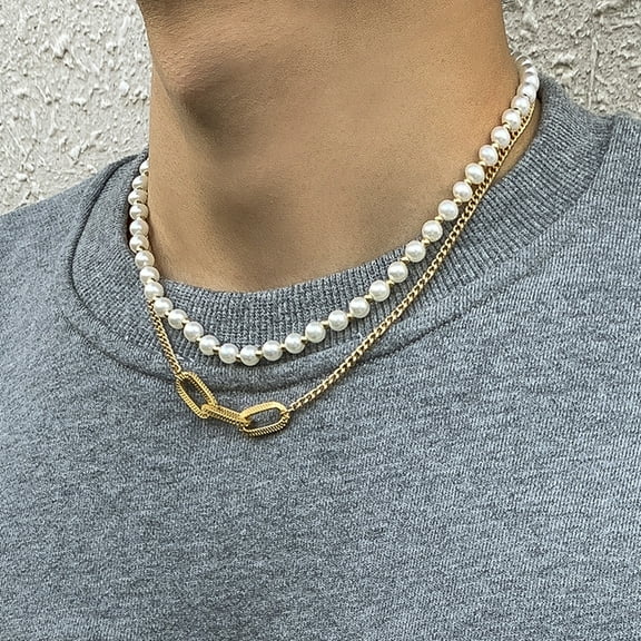 SmartBy Men Necklace Decorative All-match Double-Layered Geometric Imitation Pearl Choker Necklace for Daily Wear