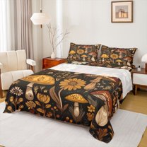 Homewish Bohemain Style Plant Twin Sheet Sets,Rustic Mushroom Twin Fitted Sheet,Brown Flower Floral Flat Sheet For Men Women,Microfiber Bedroom Decor,3pcs