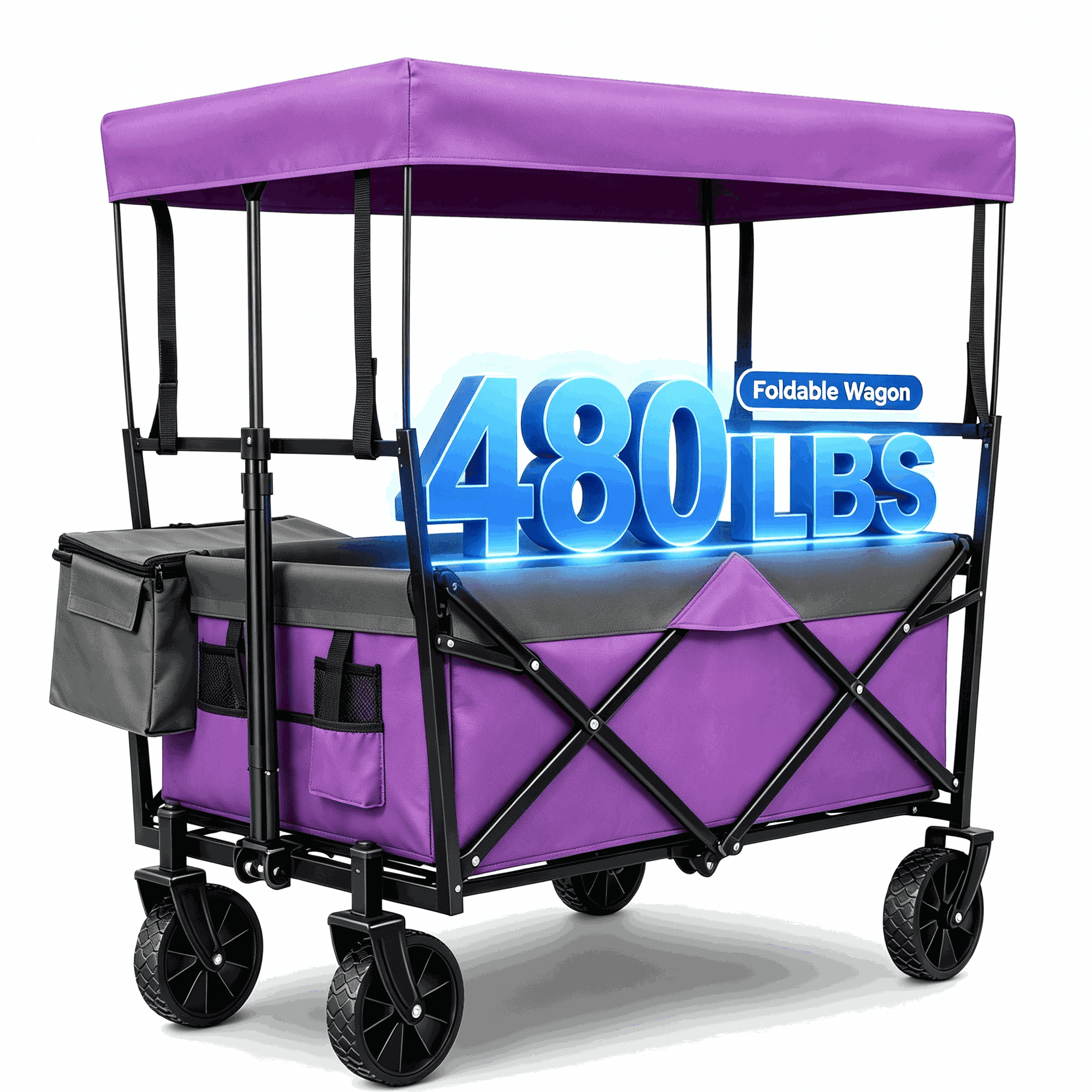 480Lbs Collapsible Wagon with Canopy,Wagon Stroller with 7" All-Terrain Wheels, Lightweight Foldable Wagon, Large Capacity for Camping, Shopping, Sports, and Garden Use,with mosquito net(Purple)