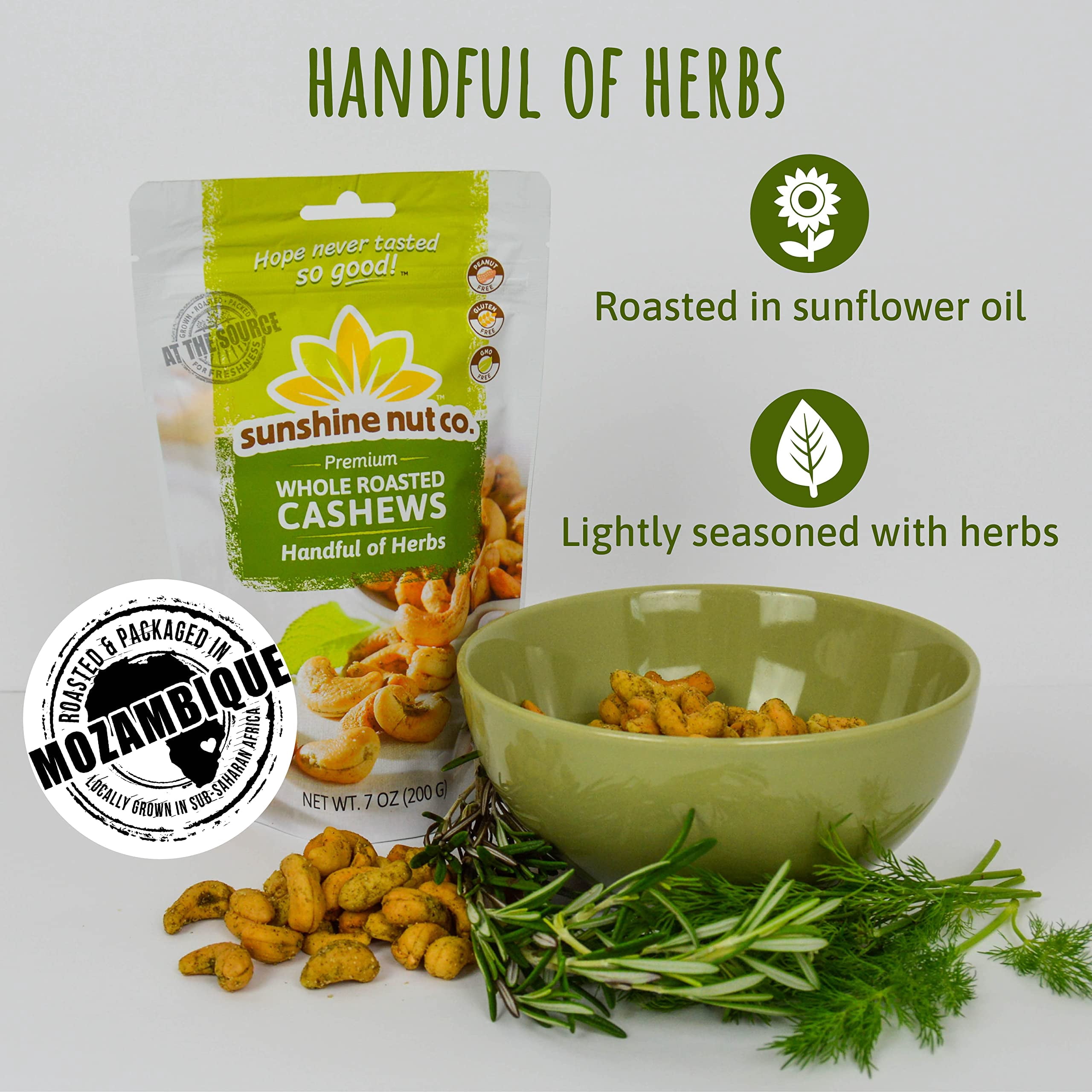 Whole Roasted Lightly Salted Cashews by Sunshine Nuts Co., Gluten Free, Peanut Free and Vegan Individual Snack Packs for Kids and Adults, GMO Free, Handful of Herbs Flavor, 6 Pack, 7 oz. Each