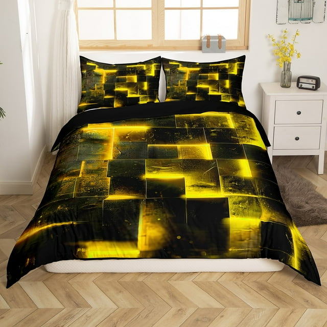 Black Yellow Abstract Comforter Cover Gradient Square Bed Set Geometry Grid King Duvet Cover Neon Checkered Bedding Set King Glowing Plaid Bedspread Cover 3D Modern Room Decor 3pcs (Black Reversible)