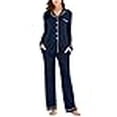 thumbnail image 3 of Women's Two-piece Classic Knit Pajama Set Long Sleeve Button Down Pyjama Navy Blue M, 3 of 4