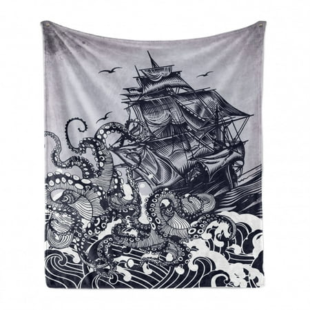 

Nautical Soft Flannel Fleece Throw Blanket Kraken Octopus Tentacles Ship Sail Old Boat in Ocean Waves Cozy Plush for Indoor and Outdoor Use 70 x 90 Indigo Purpleblue by Ambesonne