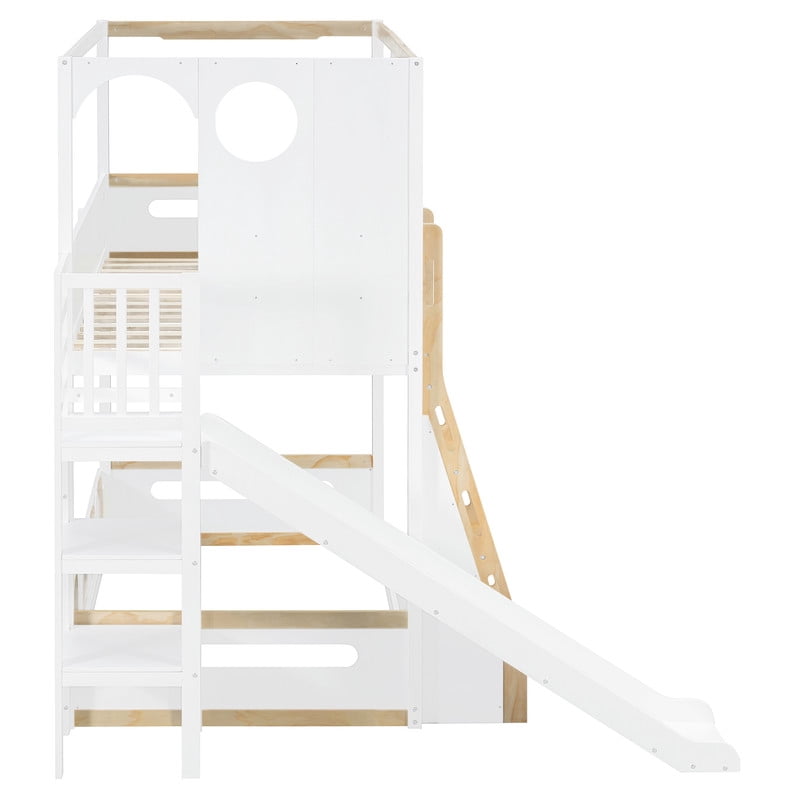 Twin Size Versatile Kids Loft/Bunk Bed with Floor Bed, House Bed Frame with Slide, Storage Shelves and Guardrails