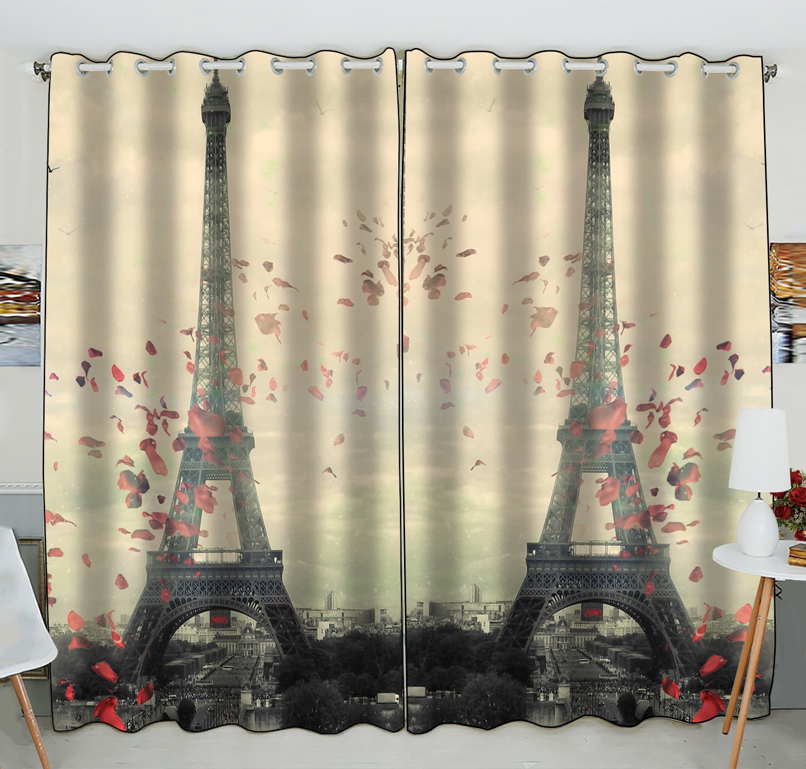 Paris Eiffel Tower "Paris Love" Faux Silk Print Panel with Grommets 40"x63" 