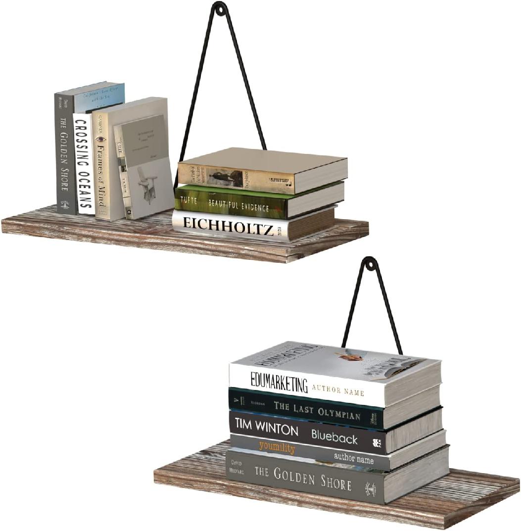 Rustic Wooden Hanging Bookshelf, Wall Floating Shelf with Triangle
