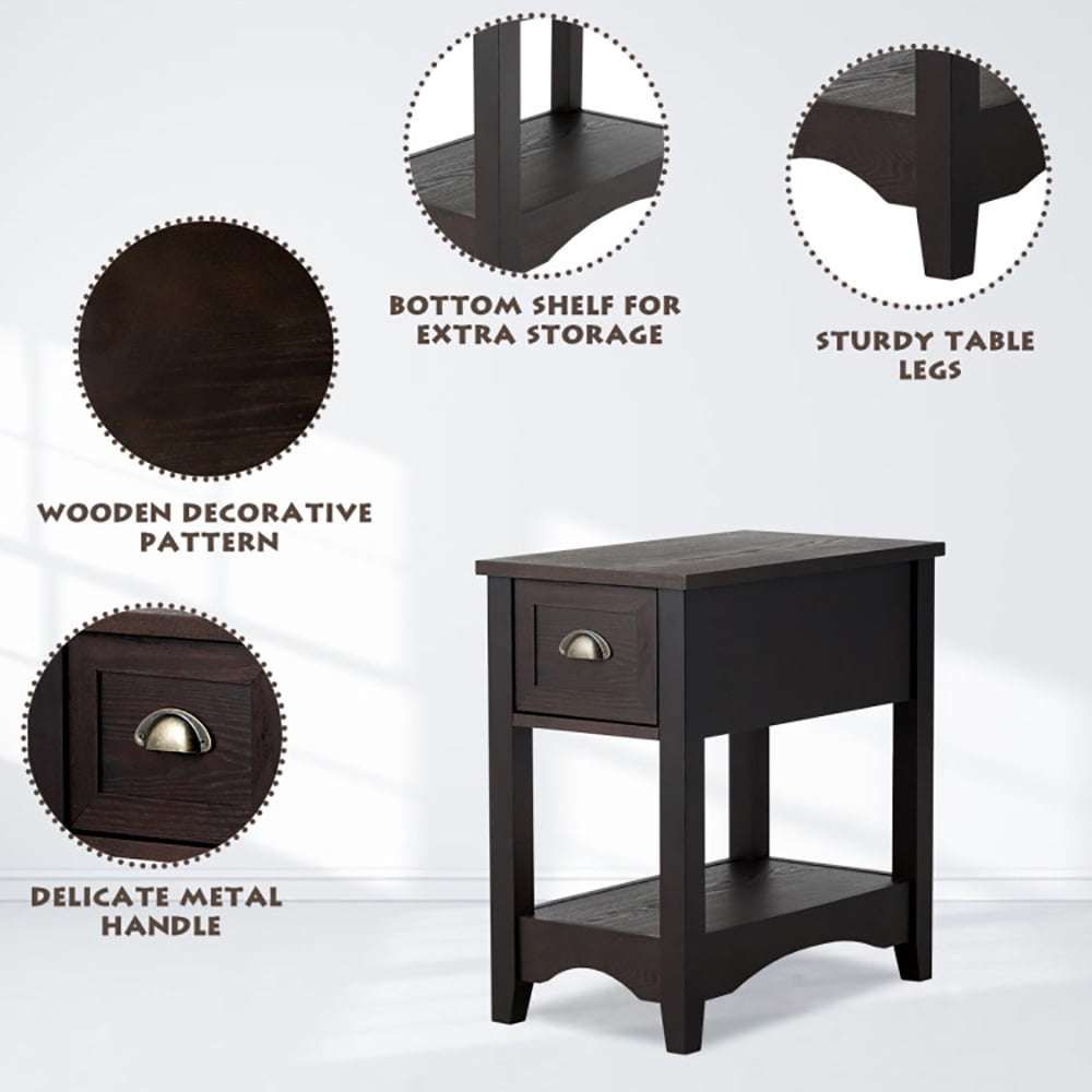 Finihen End Table, 2 Pieces Retro Narrow Tiered End Table with Drawer and Storing Shelf, Sofa Side Table, Bed Side Table, for Living Room, Bedroom, Brown Finihen End Table, 2 Pieces Retro Narrow Tiered End Table with Drawer and Storing Shelf, Sofa Side Table, Bed Side Table, for Living Room, Bedroom, Brown