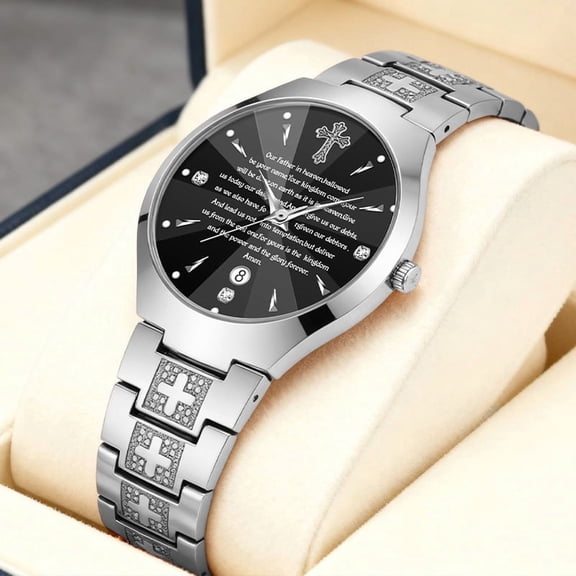 Men's fashion quartz watch with cross and calendar, business waterproof wristwatch, trendy men's watch