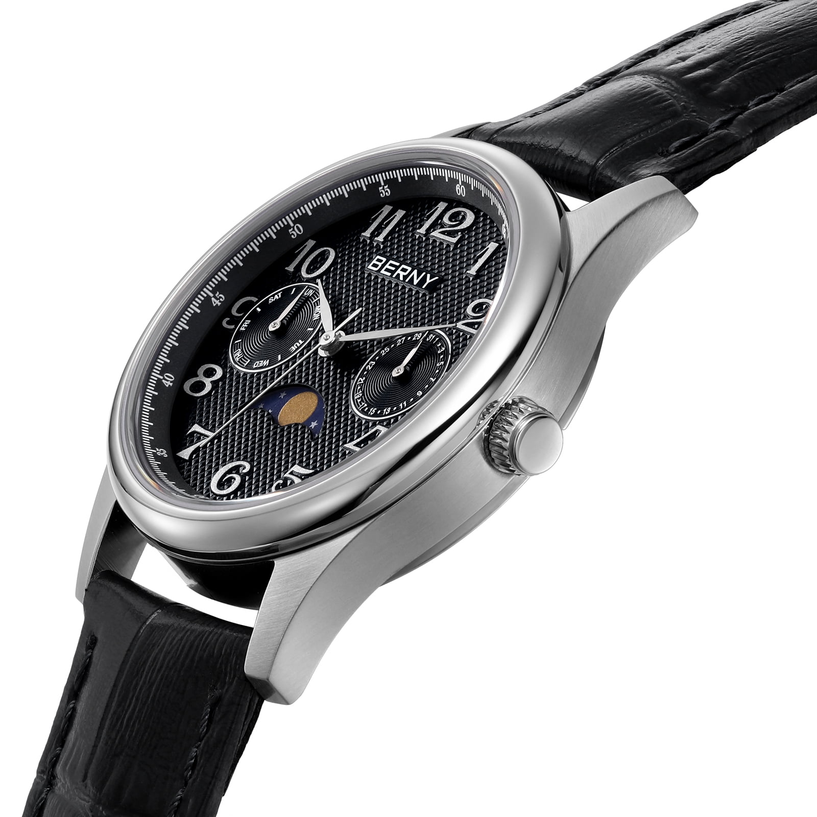 BERNY Dress Watches for Women, MultiFunction Leather Watch with Moon Phase, Day & Date Calendar, Stainless Steel Case, Easy to Read, Waterproof, Ladies Analog Quartz Wrist Watch (Black)