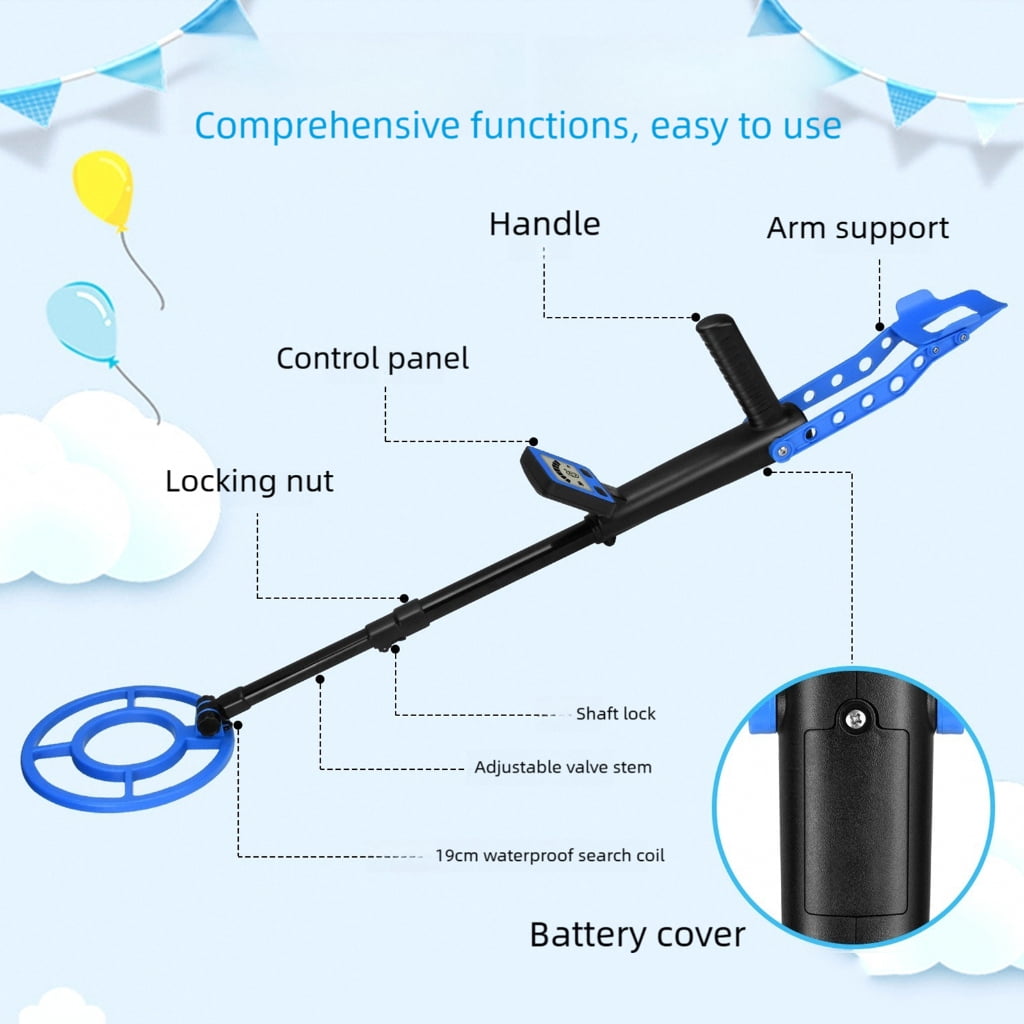 MOMOJIA Kids Metal Detector Lightweight 1.2lbs Adjustable 60cm To 79cm Rod Secure Battery Cover Detects Gold Silver Coin Jewelry 10cm Underground Depth