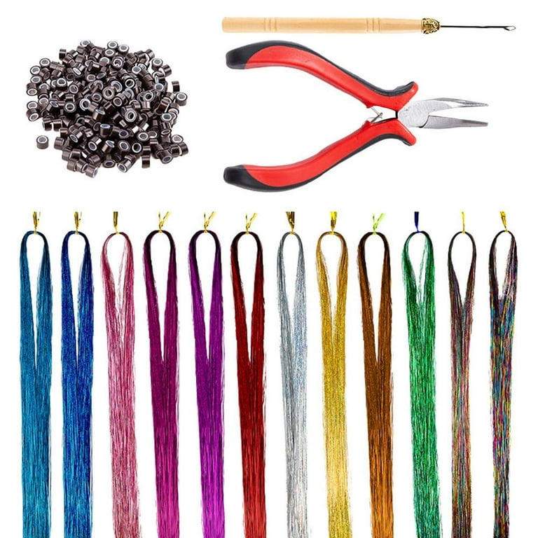 Civg 12 Colors Hair Tinsel Kit with Tool 47 inch Glitter Hair Extension Strands Kit Silicone Link Rings Beads Dazzle Colour Straight Hair Extensions