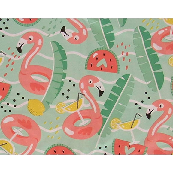 Summer Fun Tropical Pool Party Pink Flamingo Floats with Cocktails and Fruits Vinyl Flannel Back Tablecloth (52 x 70 Oblong)